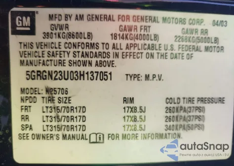 2003 Hummer H2 from USA, damaged, VIN 5GRGN23U03H137051